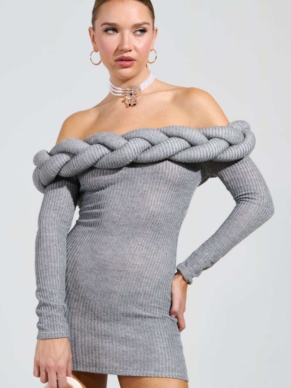 AKIRA Gray Off-Shoulder Braided Knit Mini Dress